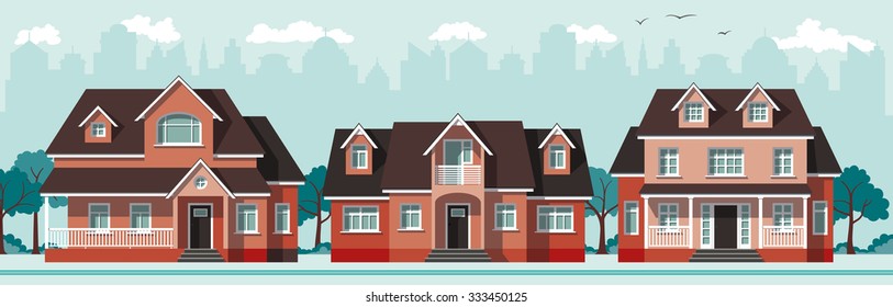 three red classic country houses