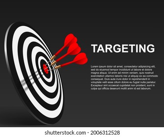 Three Red dart hit to center of dartboard. Arrow on bullseye in target. Business success, investment goal, marketing challenge, financial strategy, purpose achievement, focus ideas concept. 3d  vector