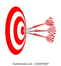 Three Red dart hit to center of dartboard. Dart Target Bullseye. Vector illustration