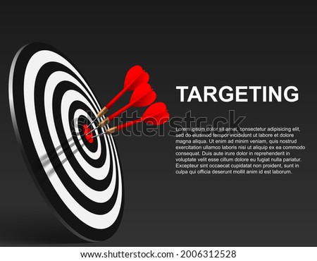 Three Red dart hit to center of dartboard. Arrow on bullseye in target. Business success, investment goal, marketing challenge, financial strategy, purpose achievement, focus ideas concept. 3d  vector