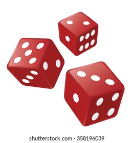 Three red dices. Illustration of three red casino dices isolated on the white background. Vector available. 