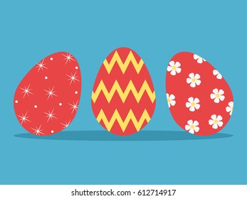 Three red Easter eggs with daisy flowers, stars and geometric pattern on blue background with drop shadow. Flat design. Vector illustration. EPS 8, no transparency