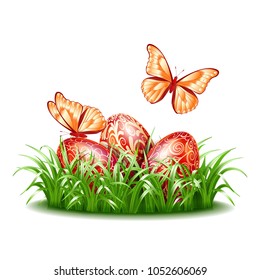 Three Red Easter eggs in grass with flying butterflies. Design for easter greetings card, banner, wallpaper or poster. Vector illustration isolated on white background.
