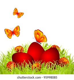 Three red Easter eggs in the grass with flowers and butterflies