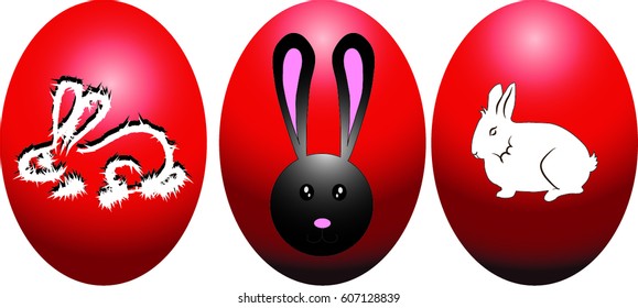 Three red eggs with bunnies