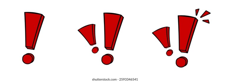 Three red exclamation marks in a playful comic style, perfect for adding emphasis and drawing attention to important text or messages.