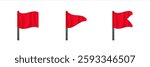 Three red flags are displayed on black poles, each shown from a different angle.