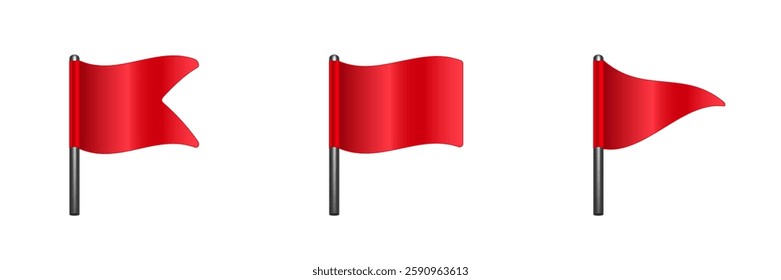 Three red flags on black poles, each flag has a different shape, set against a pale background.
