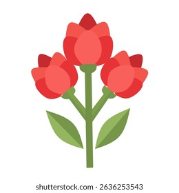 Três botões de flor vermelha em um tronco verde. Vetor botânico plano perfeito para ícones florais de jardim ou primavera