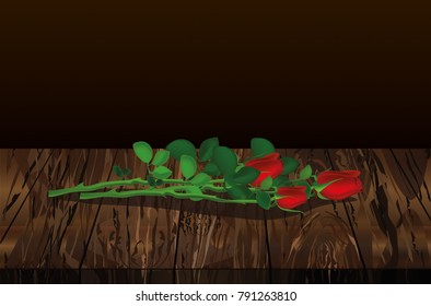 Three red flower. Rose lies.  Empty space for your text or advertisement. Vector illustration on wooden background.