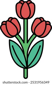 Three red flowers with green leaves. The flowers are arranged in a line and are the main focus of the image