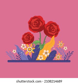 Tres flores rojas. Aislado en un fondo rosado. Perfecto para tarjetas de felicitación de fondo. Amor en febrero. Ilustración vectorial colorida.