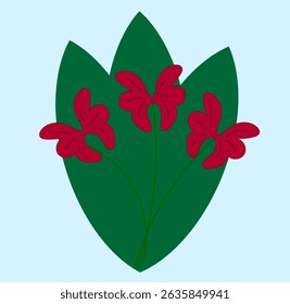 três flores vermelhas sobre um fundo de folhas verdes,