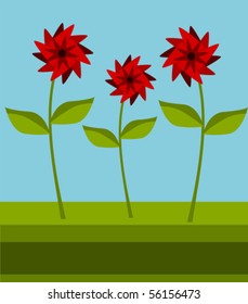 Three red flowers on the meadow