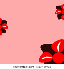 three red flowers one is in the lower right corner and  the upper left corner which has four petals where in the middle of the petal there is a vertical white line and four other petals are black