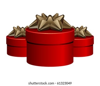 Three red gifts with gold bow. Eps 10