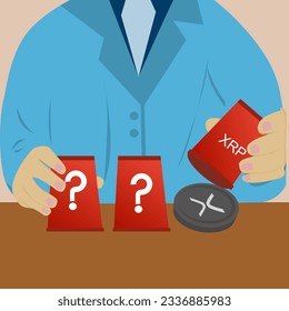 Three red glasses on the table there is 1 open glass with XRP coins. news or exchange of coin XRP concept.