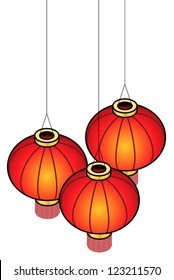 Three red and gold chinese lanterns.