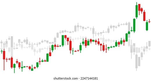 Three red green and grey Japanese candlestick graph charts on white background. Market investment. Forex trading, stock exchange and crypto price technical analysis vector illustration. Traders tool