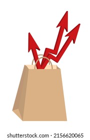 Three red growing up large arrow in shopping paper bag. Bar charts and graphs. Rising food prices. Inflation concept. Retail industry. Finance and Economy. Stock Market. Store. Supermarket delivery.