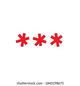 three red hand drawn asterisks footnote icon. Password, parol  sign. Flat icon of asterisk isolated on white background. Vector illustration. Star note symbol for more information