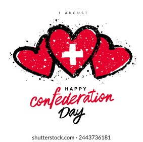 Three red hand-drawn hearts like the flag of Switzerland. Confederation Day in Switzerland. 1 August. Federal holiday in honor of founding of Switzerland. Vector illustration on a white background.