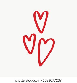 Three red hand-drawn hearts on a white background. Simple heart design. Red hearts symbolize love. Minimalist heart illustration. Red heart shapes. Valentine's Day illustration vector.