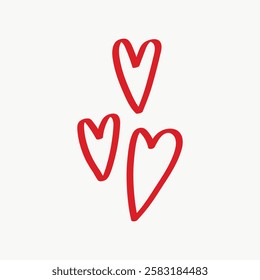 Three red hand-drawn hearts on a white background. Simple heart design. Red hearts symbolize love. Minimalist heart illustration. Valentine's Day illustration vector.