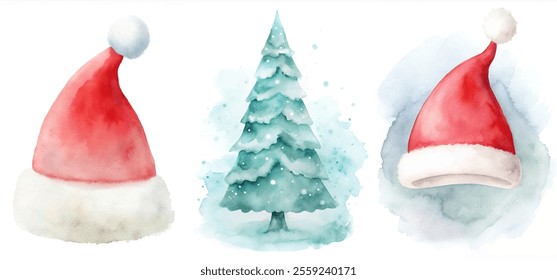 Three red hats with a white santa hat on top. The hats are sitting on top of a tree and a snow covered tree