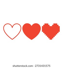 Three red heart illustrations in varying styles symbolizing love and creativity