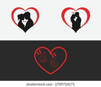 Três contornos de coração vermelho contêm uma silhueta preta de um casal abraçando. Pequenos corações vermelhos estão espalhados pelos casais.