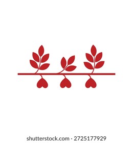 Three red heart shaped leaves on a branch Vector