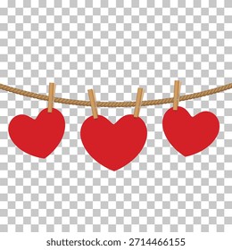 Three red heart shapes hanging on a rope with wooden clothespins against a transparent background.