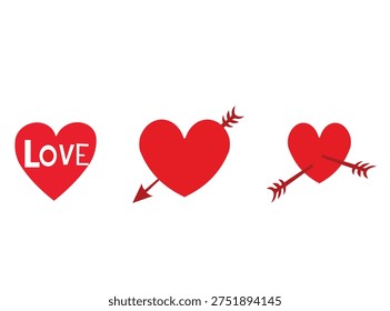 Three red heart shapes with one pierced by an arrow and love text
