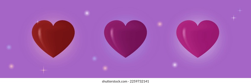 Three red hearts 3d icon. Symbol of love, romantic confession for Valentine's day. Simple, large heart shape. Element with glow for valentine for holiday. Vector illustration.