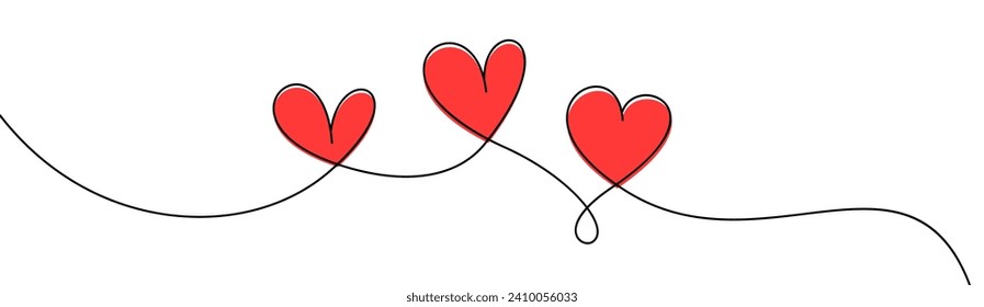 Three red hearts continuous wavy line art drawing on white background. Happy Valentine's day header or banner or letter template. Vector illustration