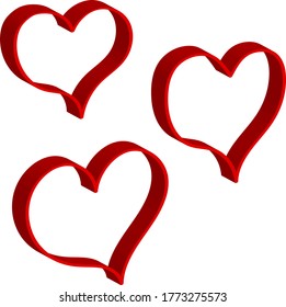 Three red hearts - contour drawing for emblem or logo. Template for a greeting card for Valentine's day, romantic sign of lovers.