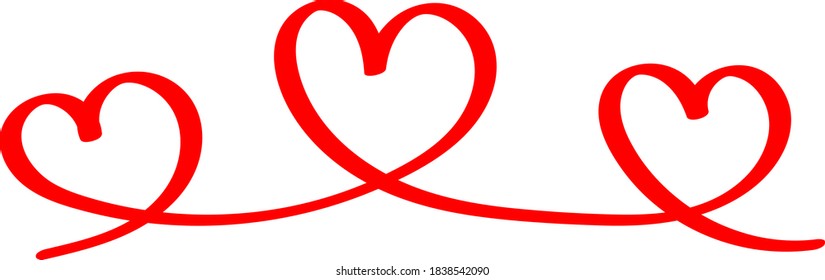 Three red hearts - contour drawing for emblem or logo. Template for a greeting card for Valentine's day, romantic sign of lovers.