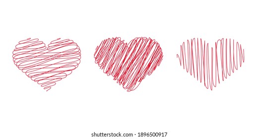 Three red hearts are drawn by hand. The illustration is dedicated to the celebration of Valentine's Day. Modern illustration for postcards, banners, etc.