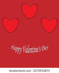 three red hearts happy valentine's day text, on pink background,