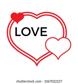 Three red hearts on a white background with black inscription Love. Vector illustration.