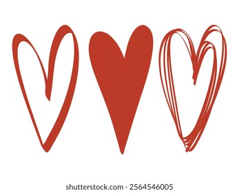 Three red hearts in varying shapes arranged on a white background. A creative and playful representation of love and diversity