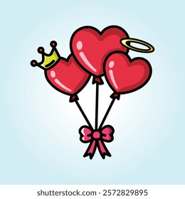 Three red heart-shaped balloons tied with a pink bow, adorned with a golden crown and a halo, creating a cute and romantic image.