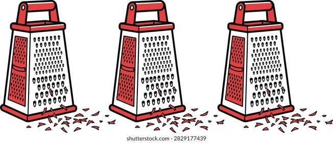Three red kitchen graters arranged in a row displayed as a clean simple vector graphic illustration
