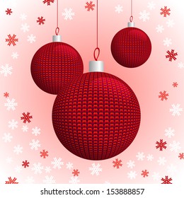 Three Red Knitted Christmas Balls on the Background of Knitted Snowflakes, Vector Illustration EPS10