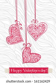 Three red lace hearts with bows on wave background, Valentine day card