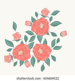 Three red large roses with buds. Nature flowers embroidery patch vector decoration. 