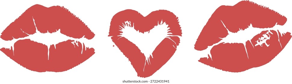 Three red lipstick imprints, two kisses and one heart shape, on a plain white background, symbolizing love and affection.