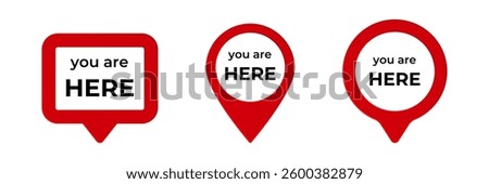 Three red location markers with text, in different shapes. each marker has a unique design.