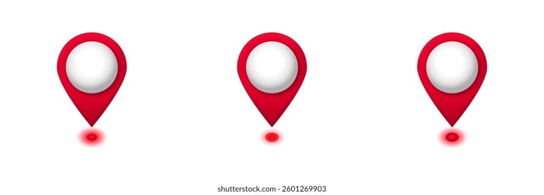 Three red location markers with white centers are aligned, each showing a round shape.